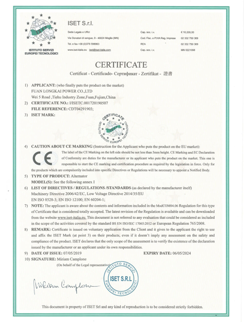  CE Certificate For Alternator 